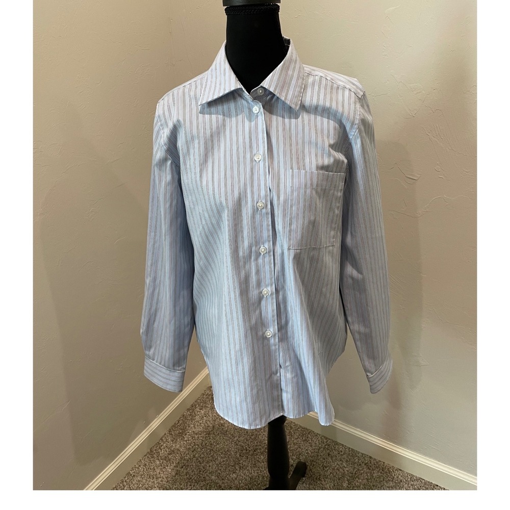 Orvis Womens 8 Wrinkle Free Striped Button Down Shirt Blue Long Sleeve Blouse